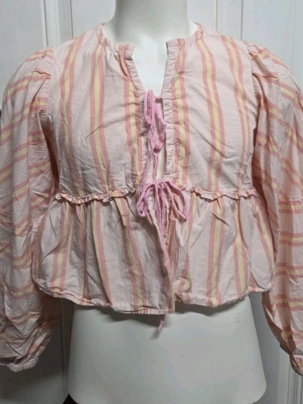 Free People Brunch Babe Stripe Print V-Neck Tie Front Long Sleeve Blouse XS